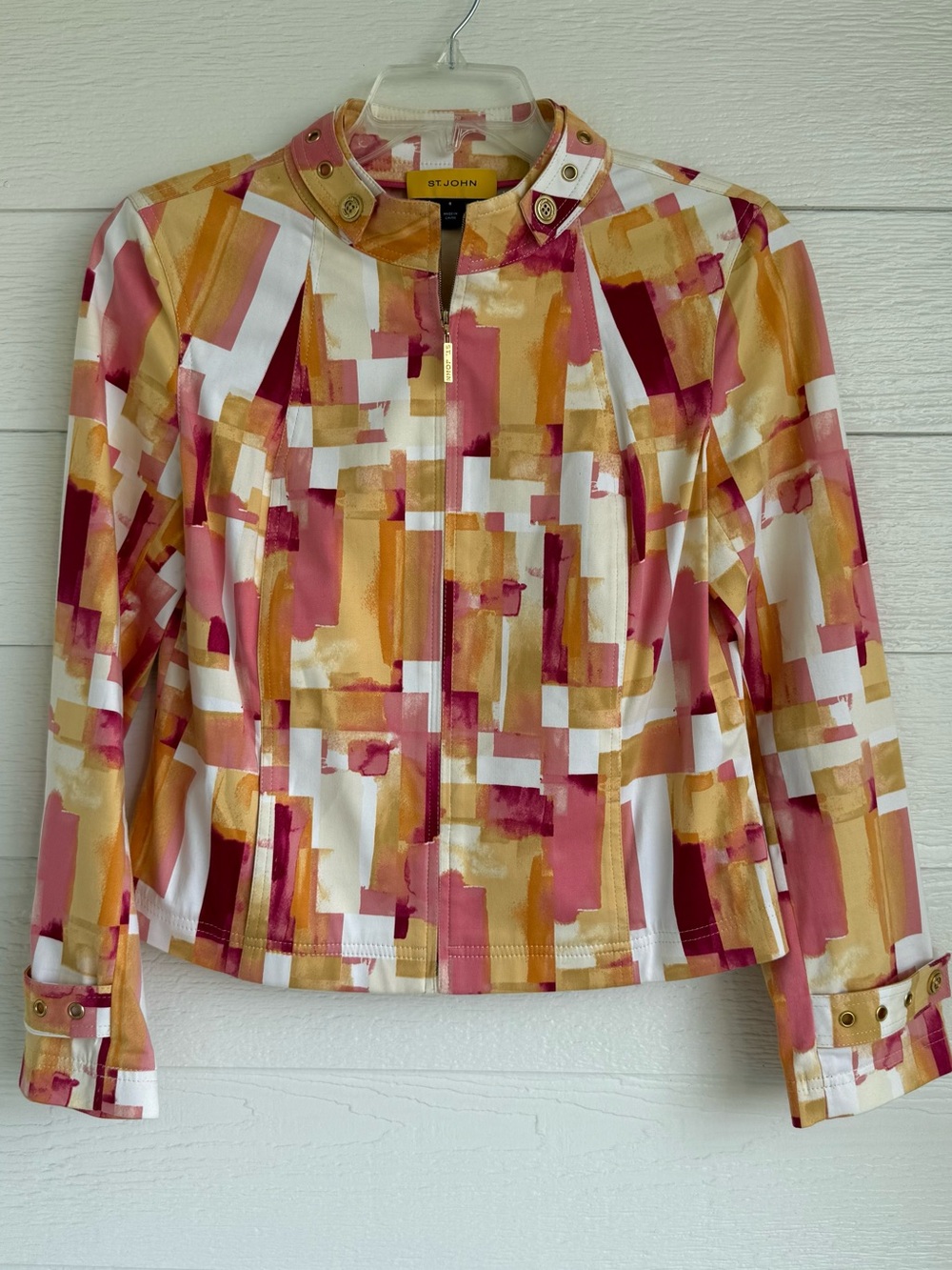 St. John Designer Brushstroke Zip Jacket Pink, Mustard, White Size Medium Brass
